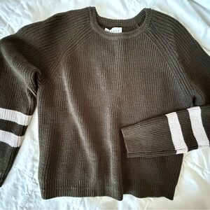NWT Velvet olive army green Sweater with Ivory Sleeve Stripes